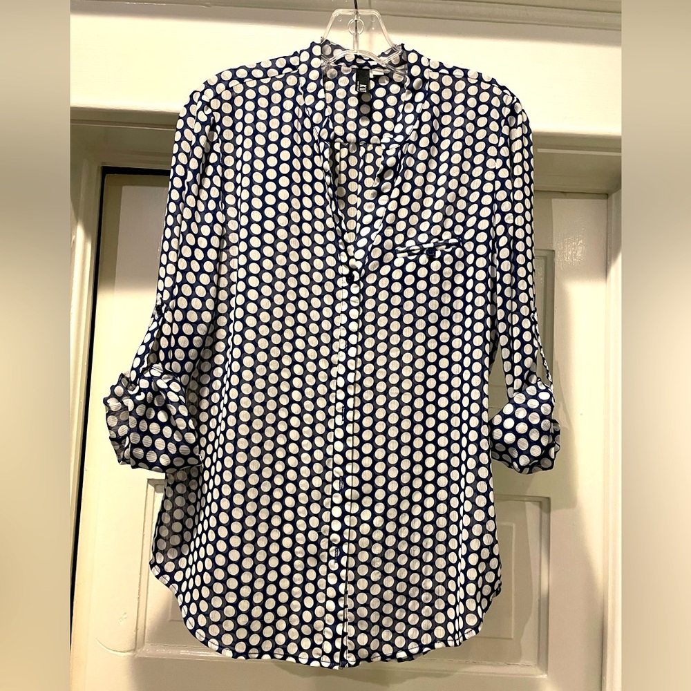KUT blouse. Dark purple and white polka dot.